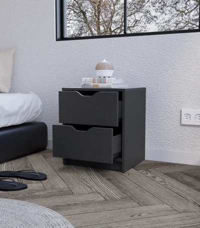 Two-drawer nightstand with black wengue finish in a modern bedroom setting