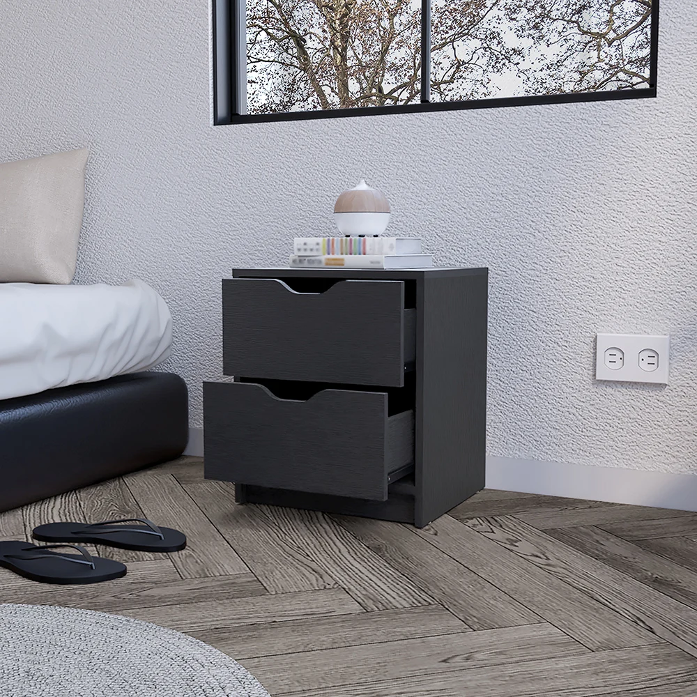 Two drawer nightstand with black wengue finish next to a bed