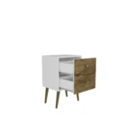 Mid century modern nightstand with 2 drawers in white and rustic brown finish on tapered legs