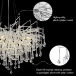 Modern crystal chandelier in chrome finish illuminating a minimalist dining room