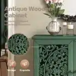 Vintage 2-Door Sideboard with Symmetrical Floral Design Hollow-Carved Mango Wood Accent Cabinet Rustic Style Adjustable