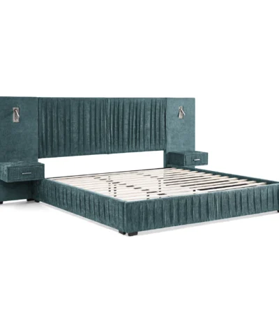 Goldoma King Size Upholstered Bed Frame with pleated headboard in chenille fabric and solid teak wood base