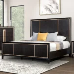 Goldoma Modern Adjustable Queen Bed with High Panel Headboard, Espresso Finish and Gold Trim – angled view