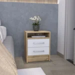 White and light oak nightstand with two drawers and stainless steel handles for bedroom storage
