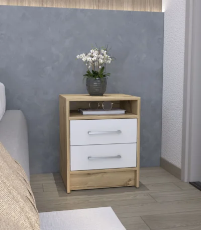 White and light oak nightstand with two drawers and stainless steel handles for bedroom storage