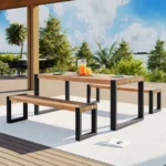 3-Piece Modern Outdoor Dining Set Acacia Wood Table with 2 Benches Steel Frame for Home & Hotel Use – angled view