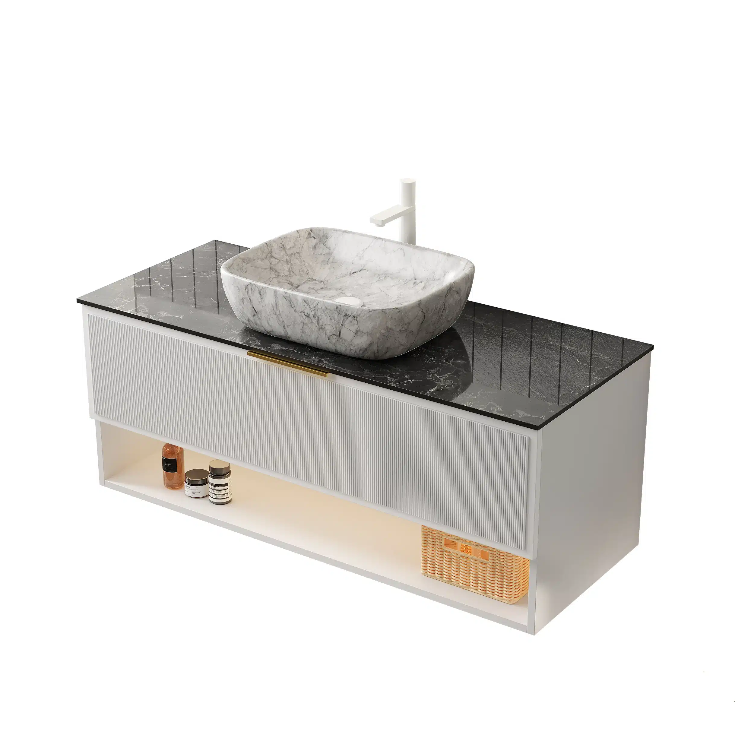 48-inch bathroom vanity with sink, floating plywood storage cabinet in white, front view showing two pinstripe drawers
