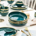 Green With Gold Inlay Quality Plates Full Set Luxury Steak Food Tray Ceramic Dinner Dish Salad Bowl Spoon Porcelain