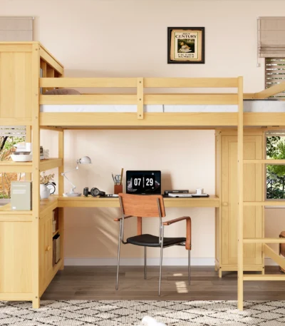 [US Stock] Queen Size Wood Loft Bed With Cabinet and Bookshelf Fast Delivery From US Warehouse Dropshipping Acceptable