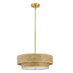 17.7 Inch Woven Rattan Linen Semi Flush Mount Ceiling Light Fixture, Modern Boho Drum Lamp, Farmhouse Gold Wicker Chandelier
