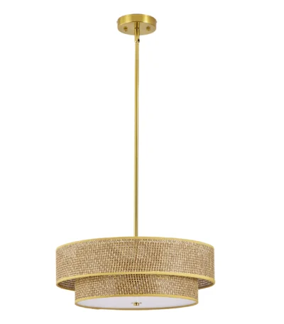 17.7 Inch Woven Rattan Linen Semi Flush Mount Ceiling Light Fixture, Modern Boho Drum Lamp, Farmhouse Gold Wicker Chandelier