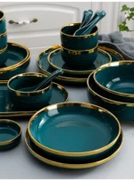 Green With Gold Inlay Quality Plates Full Set Luxury Steak Food Tray Ceramic Dinner Dish Salad Bowl Spoon Porcelain