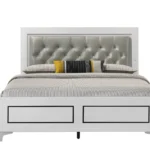 Goldoma adjustable queen bed with diamond cushioned LED headboard and underbed storage in grey and white finish