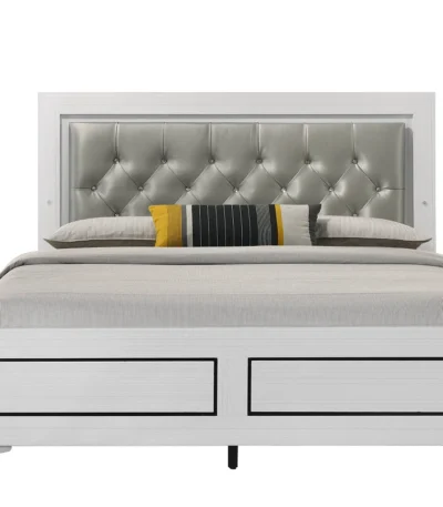 Goldoma adjustable queen bed with diamond cushioned LED headboard and underbed storage in grey and white finish