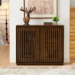Mid Century Modern Solid Wood Fluted Hollowed Out Sideboard Cabinet 2 Outlet Holes Luxury Living Room Buffet Cabinet Storage - Image 4