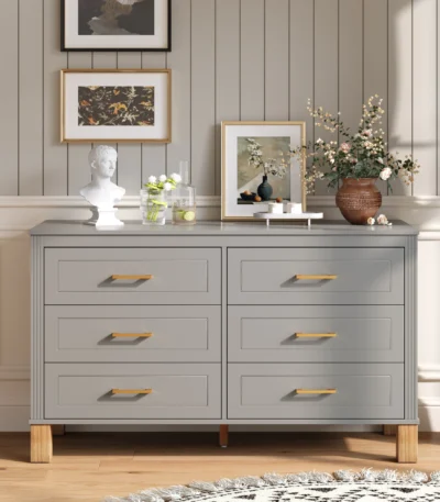 6 drawer double dresser gray with metal handles and solid wood legs for kids room storage