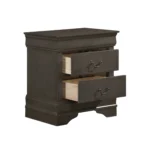 Classic Louis Philippe nightstand with two drawers in stained gray finish displayed in a traditional bedroom setting