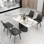 Modern marble texture dining table with sintered stone top and black metal base – Goldoma rectangular dining table