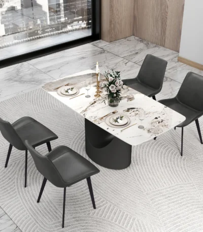 Modern marble texture dining table with sintered stone top and black metal base – Goldoma rectangular dining table