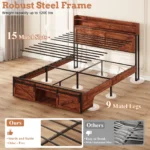 Goldoma queen bed frame with storage headboard, charging station, and LED lights in a modern bedroom setting