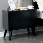 Mid century modern black nightstand with two drawers and round tapered legs, solid wood construction for bedroom storage