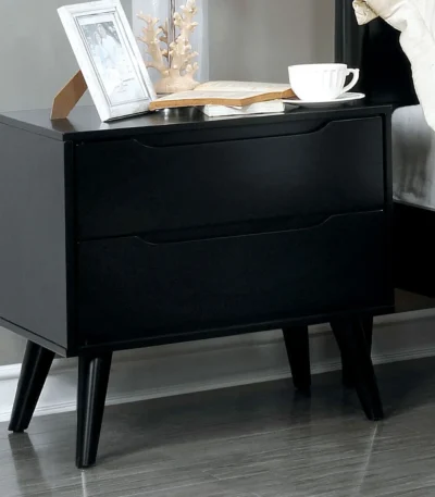 Mid century modern black nightstand with two drawers and round tapered legs, solid wood construction for bedroom storage