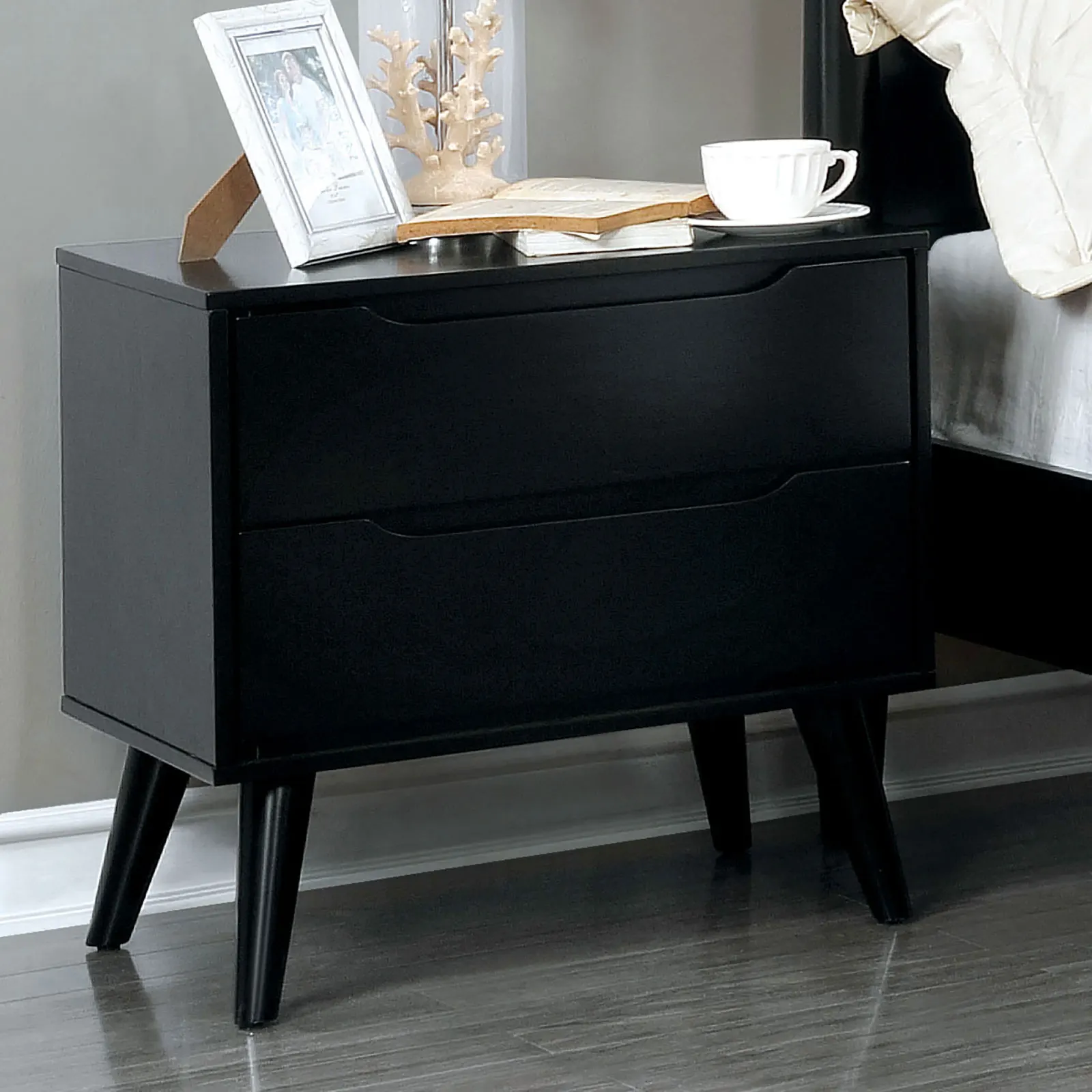 Hb5fd1dcb28f34ba69d49903bd28a73c0V.webp Mid century modern black nightstand with two drawers and round tapered legs, solid wood construction for bedroom storage
