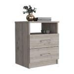 Light gray nightstand with two drawers and open shelf, minimalist bedroom storage furniture by Olienza at Goldoma
