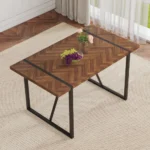 Minimalist retro dining table with dark wood textured fishbone pattern top and black metal legs