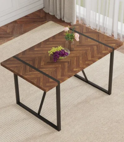 Minimalist retro dining table with dark wood textured fishbone pattern top and black metal legs