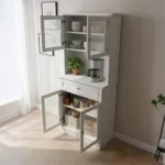 Modern White Wooden Tall Kitchen Hutch Sideboards Cabinet with Glass Doors Drawer Open Appliance Counter Coffee Bar Cabinet
