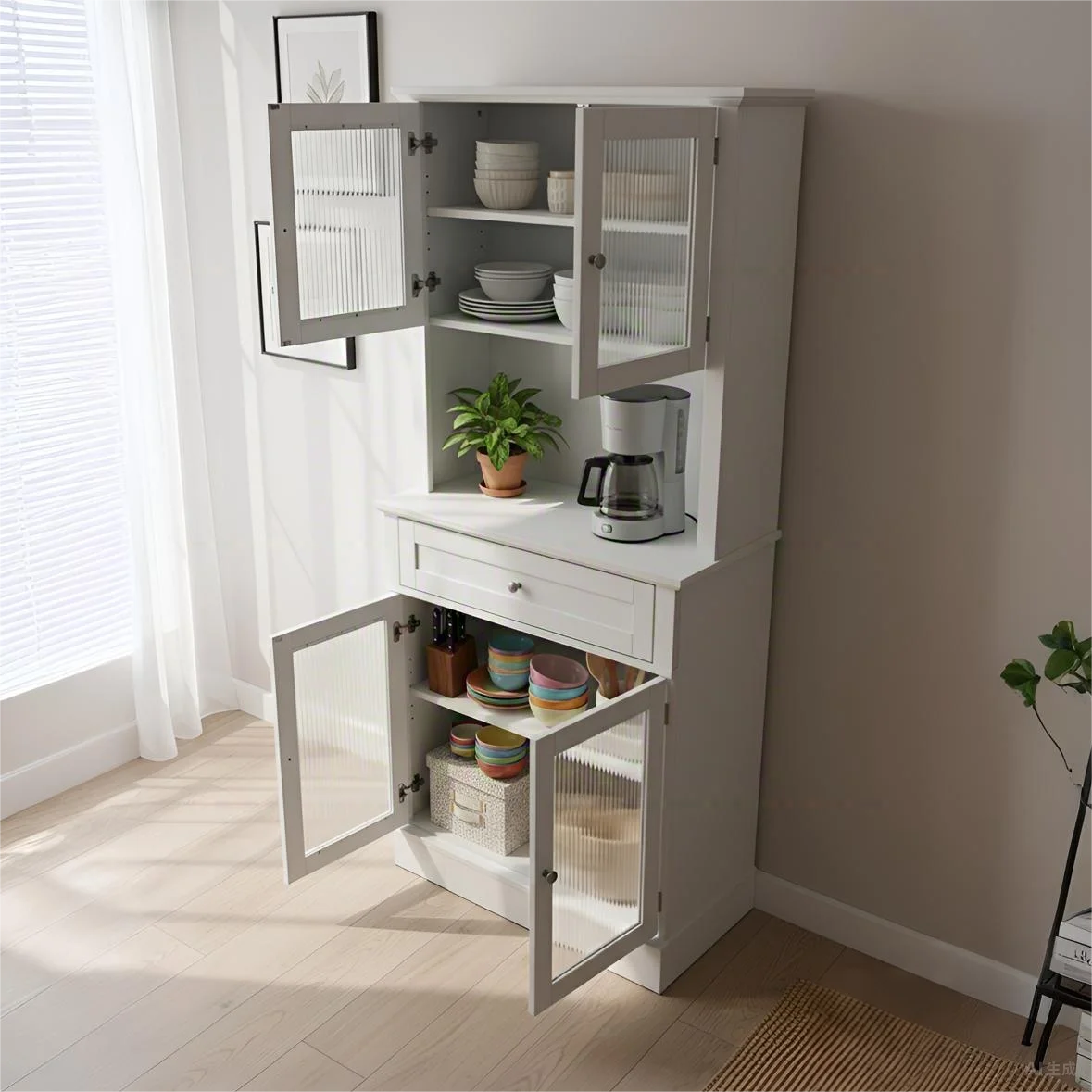 Modern White Wooden Tall Kitchen Hutch Sideboards Cabinet with Glass Doors Drawer Open Appliance Counter Coffee Bar Cabinet