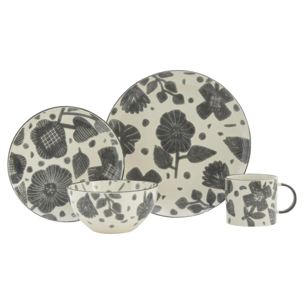 HMS Luxury Round Floral Ceramic Dinnerware Set Sixteen Piece Stoneware Service for Four-Gray and Ivory