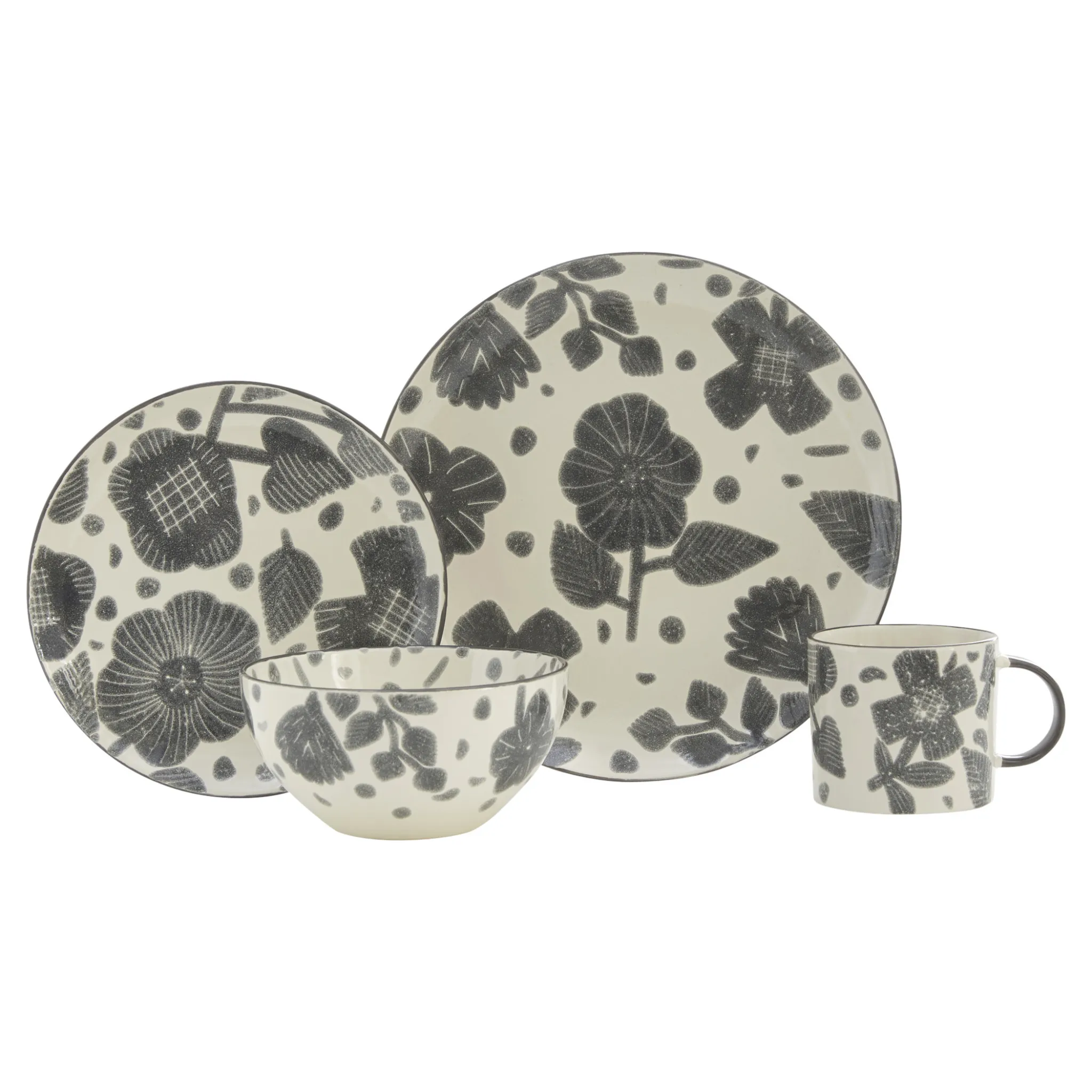 Hb6596b3c8bda4b53b9ab4c28cb2d83b9z.webp Elegant floral dinnerware set with gray and ivory ceramic plates and bowls arranged on a wooden table