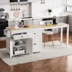 K&K 74.5 Inch Modern Kitchen Island with Extendable Dining Table on Wheels Waterproof Portable Spice Rack & 2