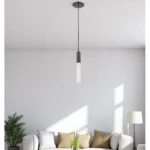 HMS bronze pendant hanging light with frosted glass shade, warm white 3000K, hanging over a dining table in a modern