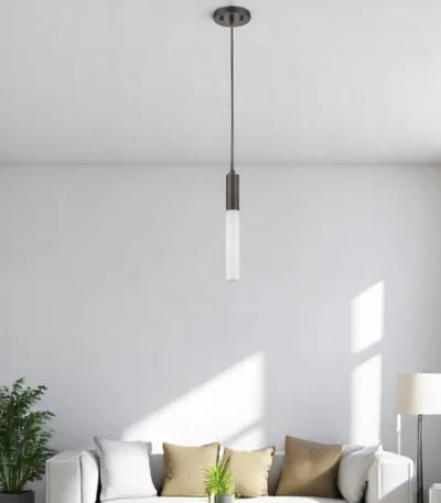 HMS bronze pendant hanging light with frosted glass shade, warm white 3000K, hanging over a dining table in a modern