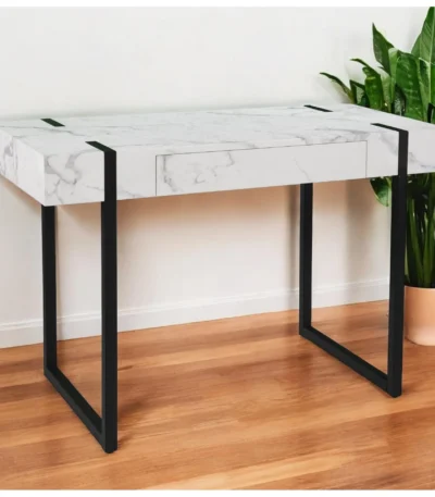 HMS 45 Solid Wood Office Desk White and Black Writing Desk with Modern Design Foldable Feature for Home Office Living Room