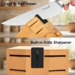 Goldoma Kuisine 15-piece stainless steel chef knife set with ergonomic ABS handles and built-in sharpener in a wooden bl