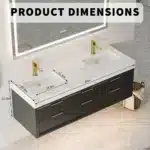 Close-up of Goldoma Homein double sink vanity with black finish and engineered stone top, faucets not included.