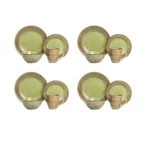 Set of green dinner plates on a wooden table, showcasing classic vintage stoneware design