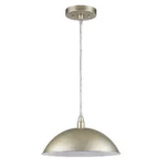 HMS hanging light installed in a cozy courtyard, casting soft light on brick walls and potted plants.