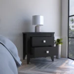 Goldoma Amara black nightstand with two drawers in a modern bedroom setting