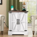 Rustic end table with USB charging station and farmhouse wood finish