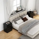 Black nightstand with drawers - minimalist handle-free design with three drawers for bedroom storage - Goldoma