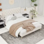 Goldoma Queen Size Upholstered Bed Frame with Storage – adjustable solid wood platform bed with fabric headboard