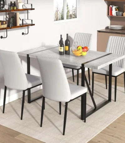 Modern 55 inch gray rectangular dining table for 4 with metal frame in dining room