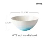 Nordic gradient blue ceramic dessert plates set with bowls and cups on a wooden table