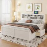 Goldoma Modern White King Size Solid Wood Platform Bed with Storage Headboard and USB Ports – angled view