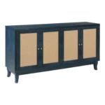 HMS 60 Blue Midcentury Modern Sideboard Distressed Mango Wood and Rattan with Four Doors for Home Bar Furniture - Image 4